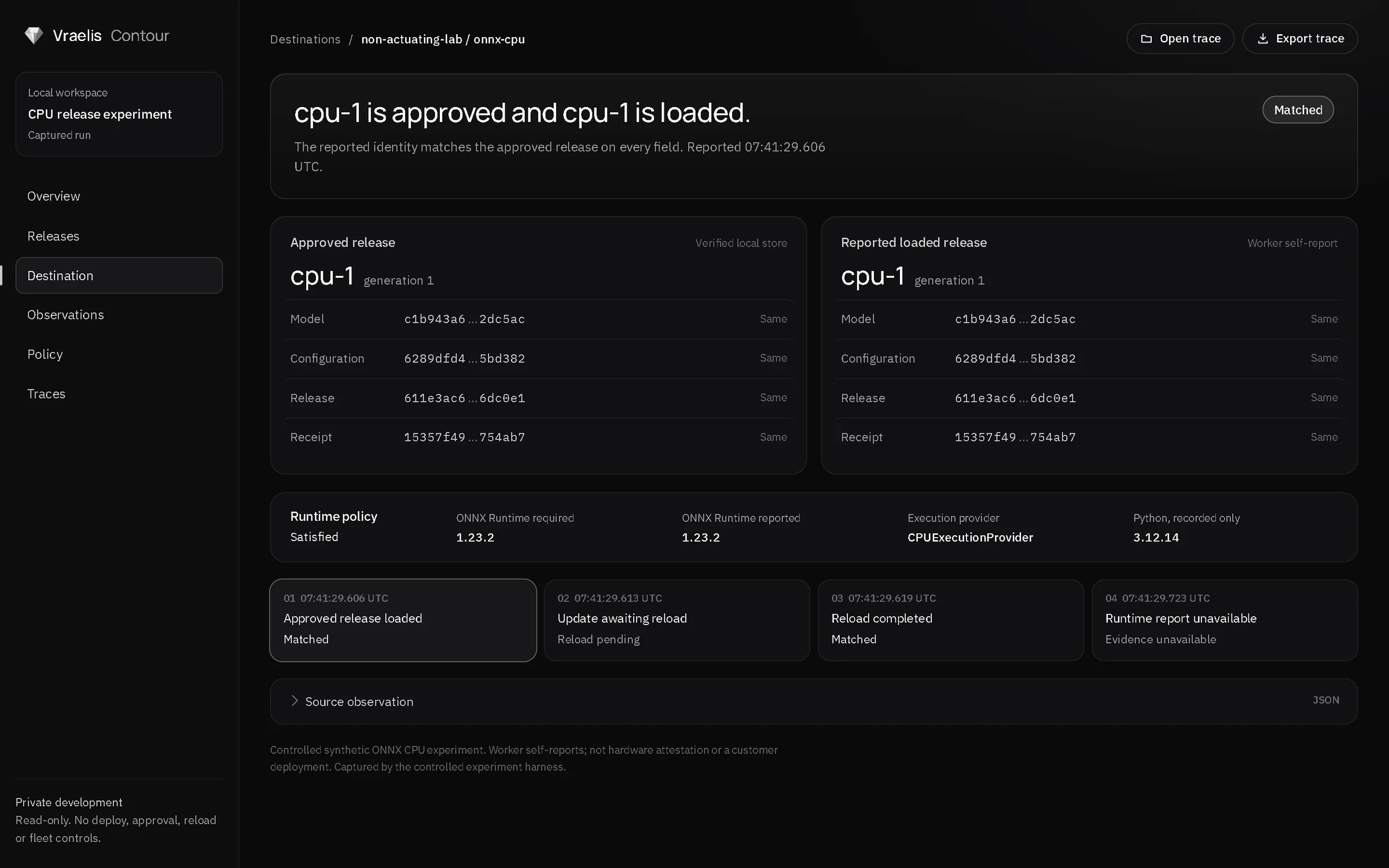 Vraelis Contour comparing approved cpu-1 with reported loaded cpu-1; every field matches.