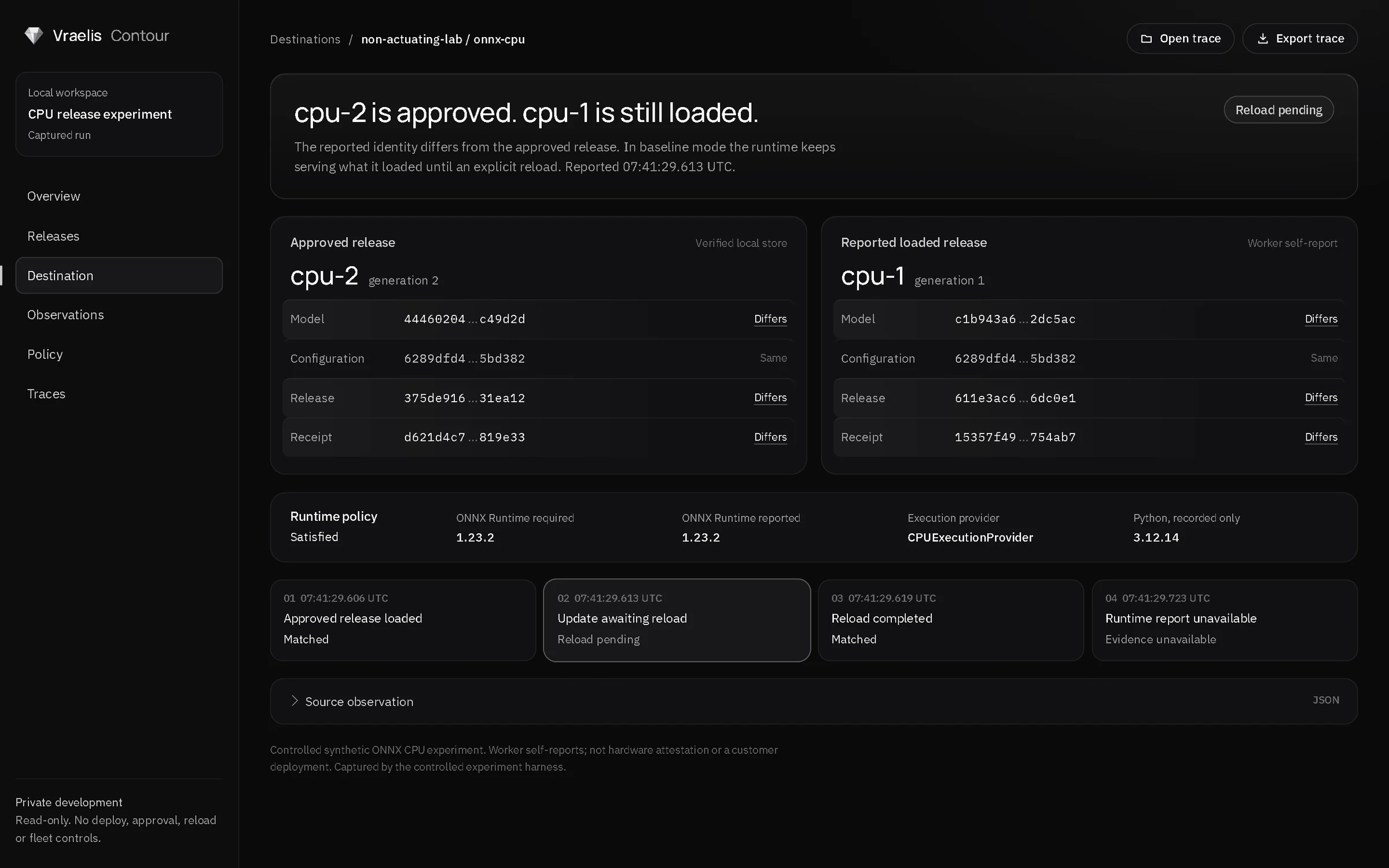 Vraelis Contour comparing approved cpu-2 with reported loaded cpu-1; reload pending.
