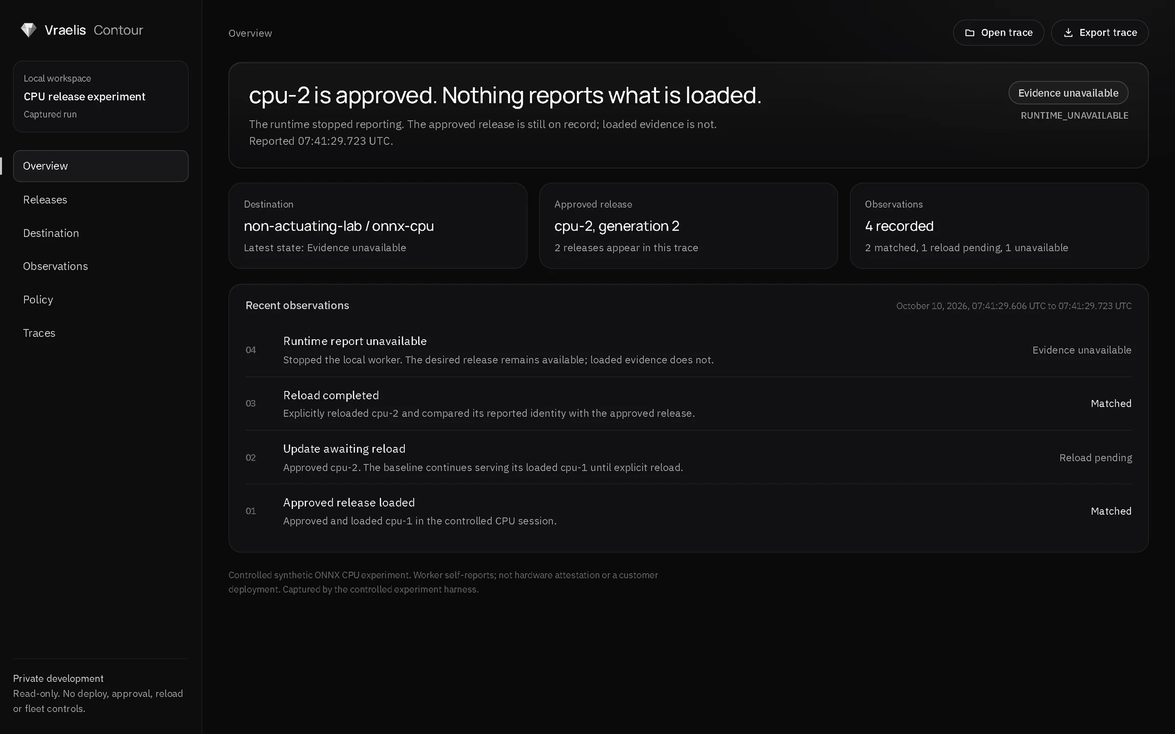 Vraelis Contour app overview: cpu-2 is approved and nothing reports what is loaded.