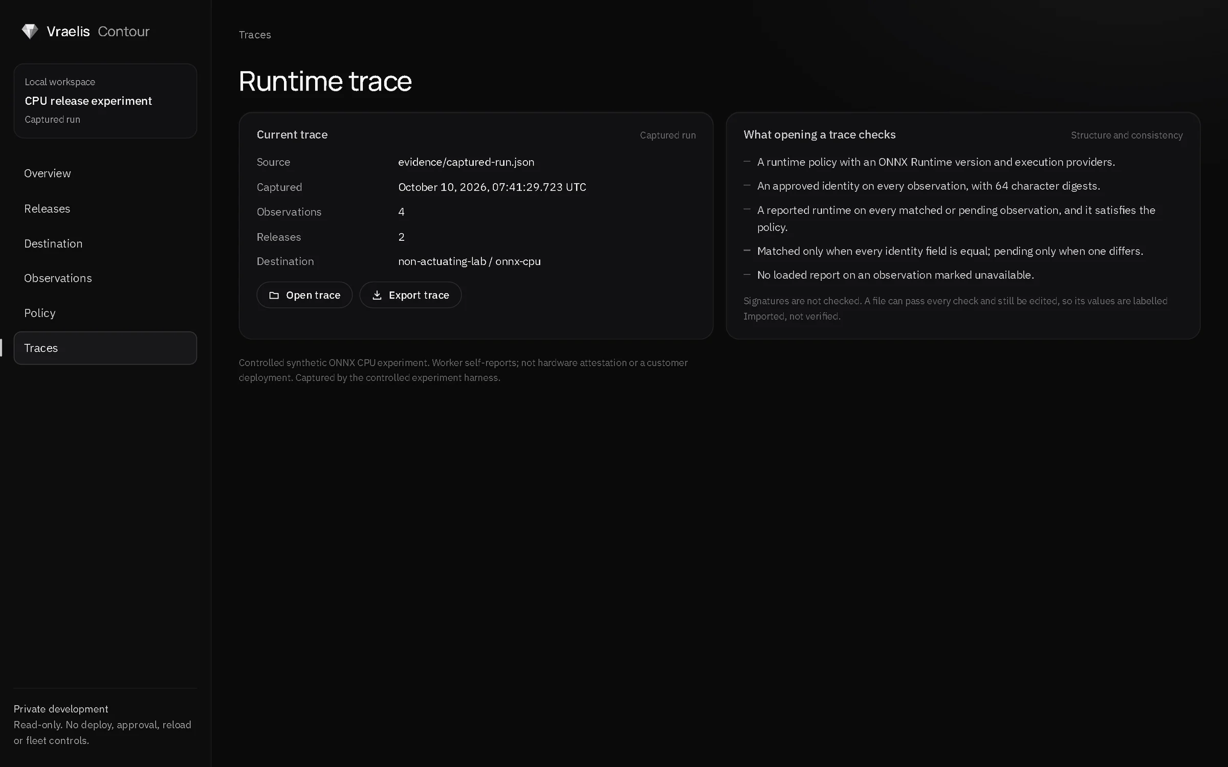 The trace screen in Vraelis Contour, listing what opening a trace checks.